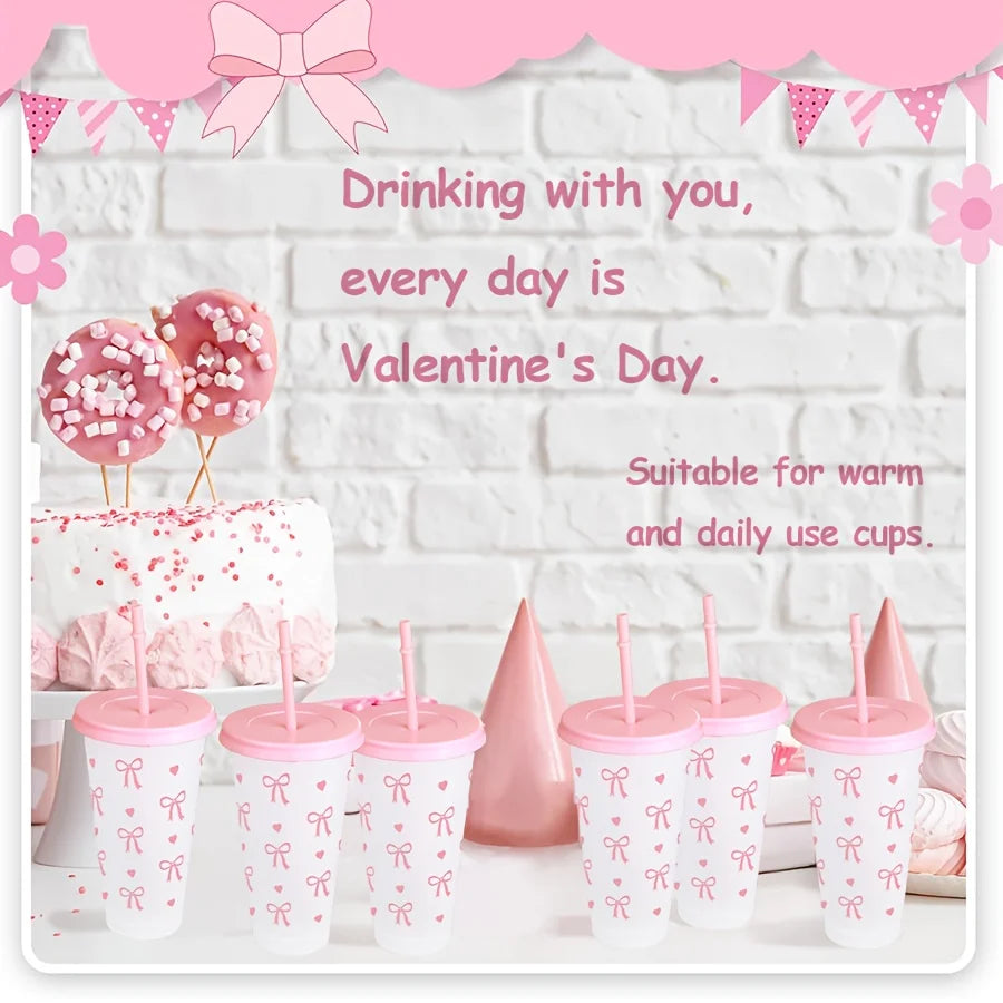 2/20pcs  Reusable Party Cups with Straw & Lid Cute Bow Plastic Tumblers for Cold Drinks Home Office Outdoor Use