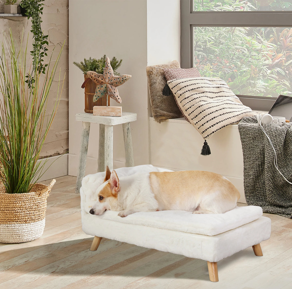 Nordic Pet Stool Bed by I YAN with cozy pad, waterproof surface, sturdy wood legs, suitable for small dogs and kittens