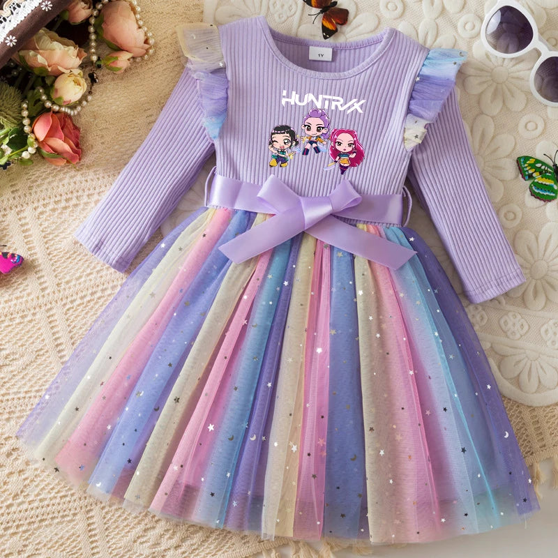 K-Pop Hunters Rainbow Princess Dress for Girls Sequin Birthday Party Mesh Dress for Baby Casual Long Sleeve Girls Dresses 1-5Y