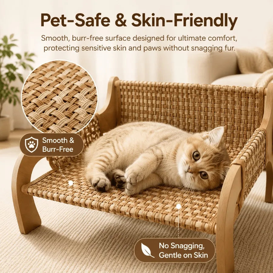 Cat Sofa Bed for Indoor Cats, Elevated Cat Couch with Wooden Frame, Washable Fluffy Cushion, Cooling Mat Cushion, Raised Pet Be