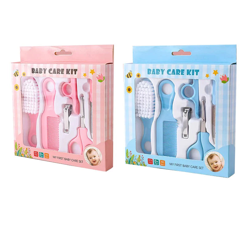 I YAN 5-in-1 baby grooming kit in pink and blue, includes brush, comb, and nail tools for newborn care.