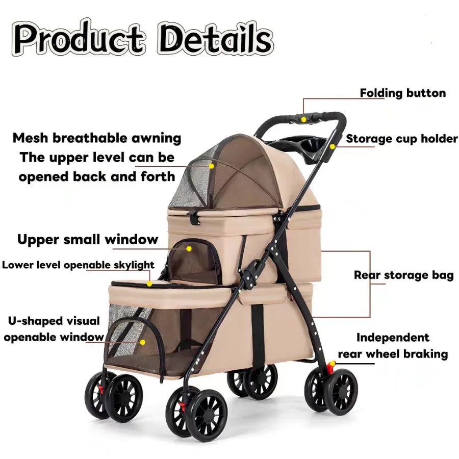 Foldable double pet stroller by I YAN with lockable wheels, suitable for small cats and dogs, featuring two carriages for easy travel.