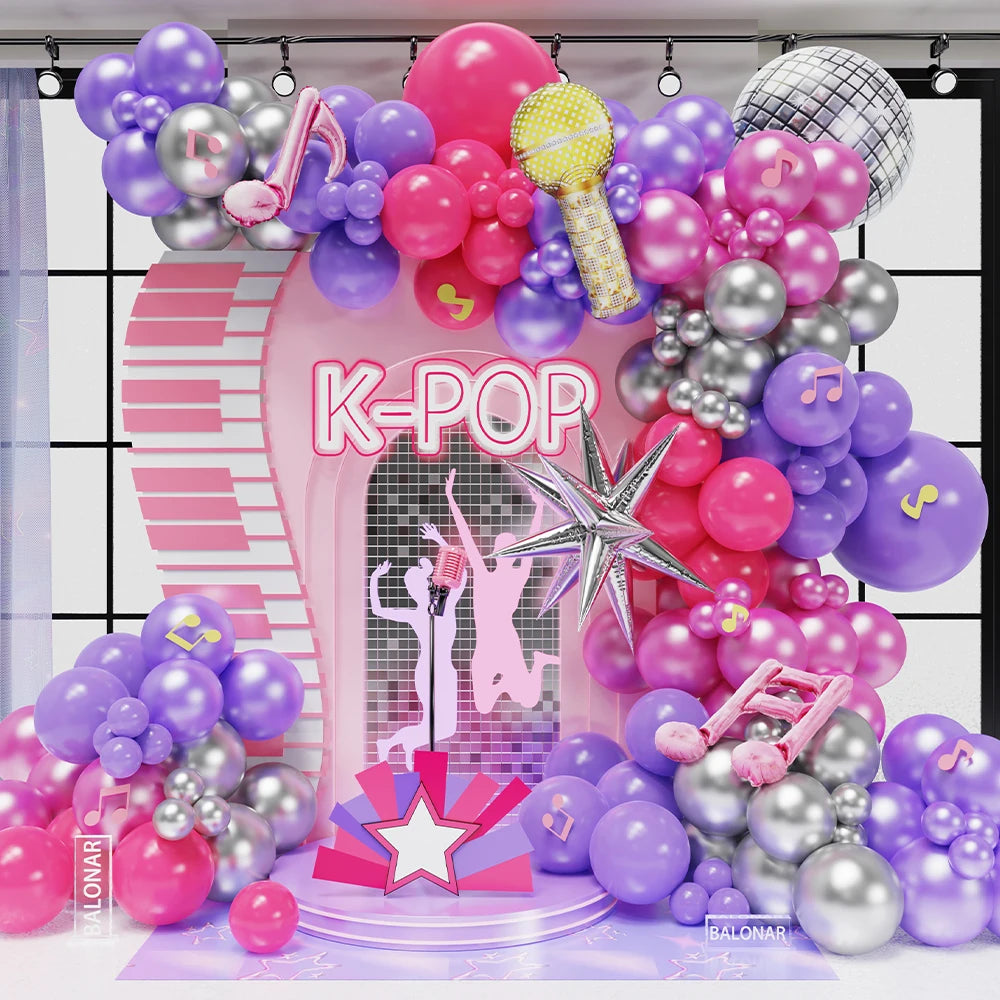 Hot Pink Purple Music Themed Balloon Arch Kit With Music Notes Microphone Mylar Balloon Period K-Pop Birthday Party Decor Globos