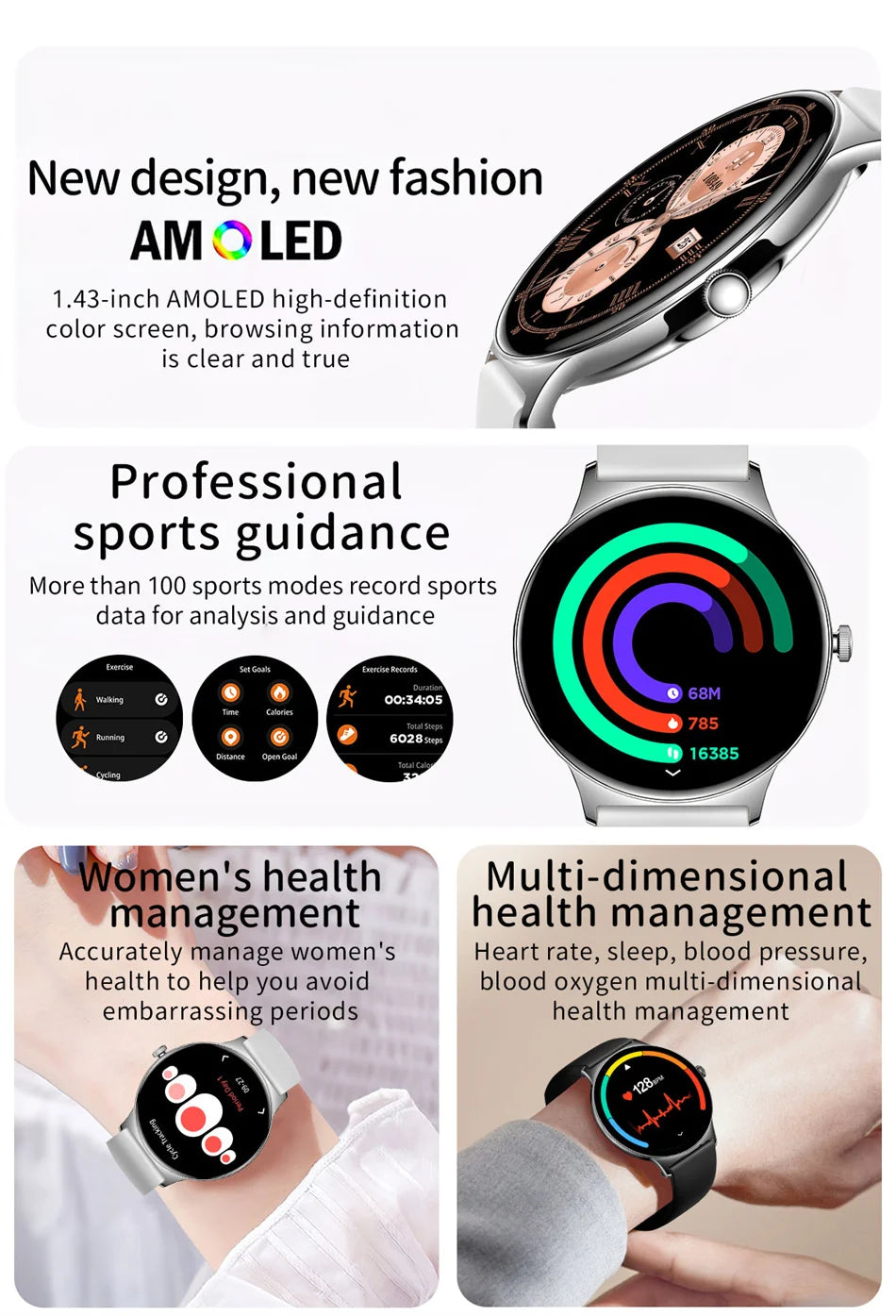 2026 New Ultra Slim AMOLED Smart Watch Women Screen Always Display Time Heart Rate BT Calling High-end Fashion Smartwatch