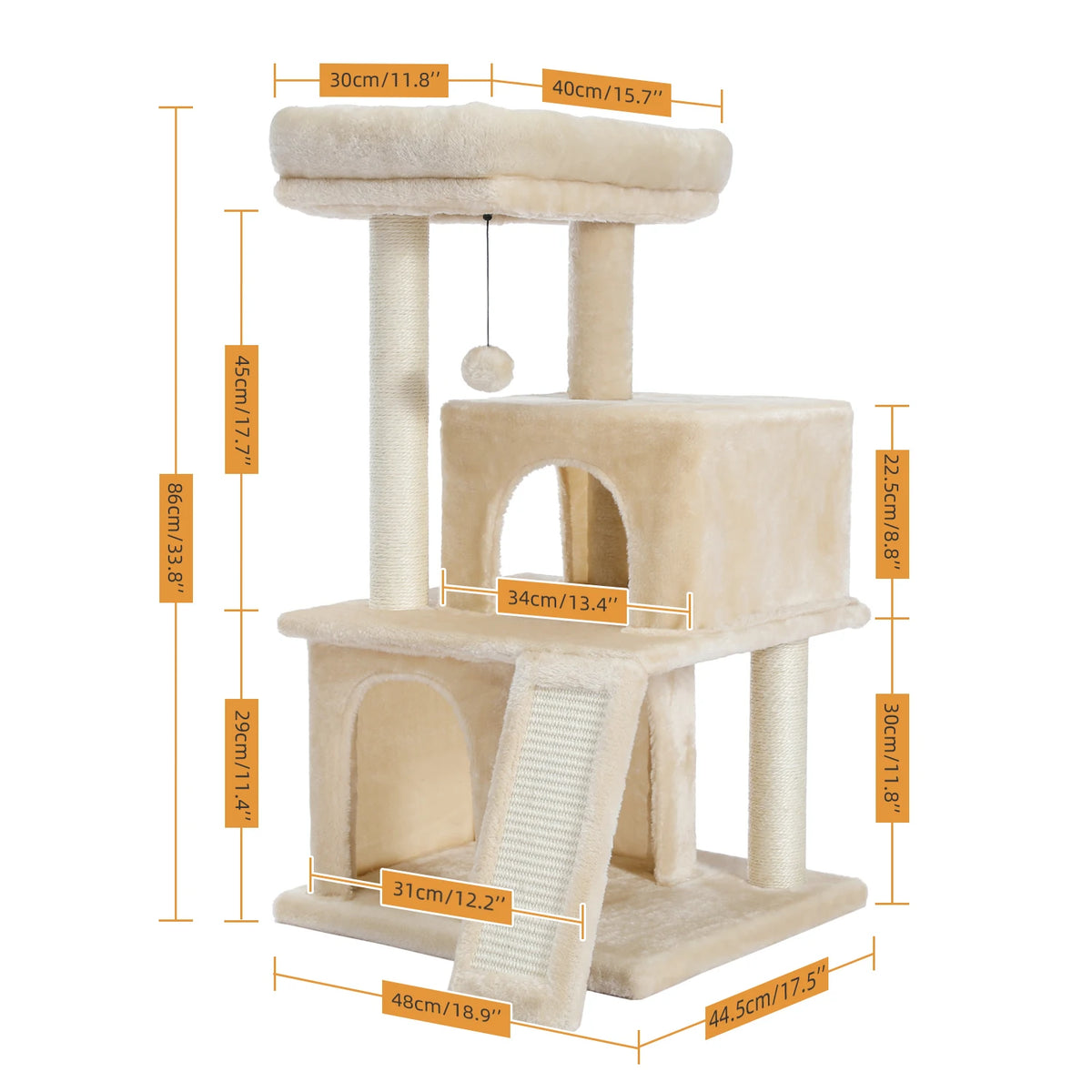 I YAN multilevel cat tree with double condos, spacious perch, sisal scratching post, and replaceable balls for feline entertainment.