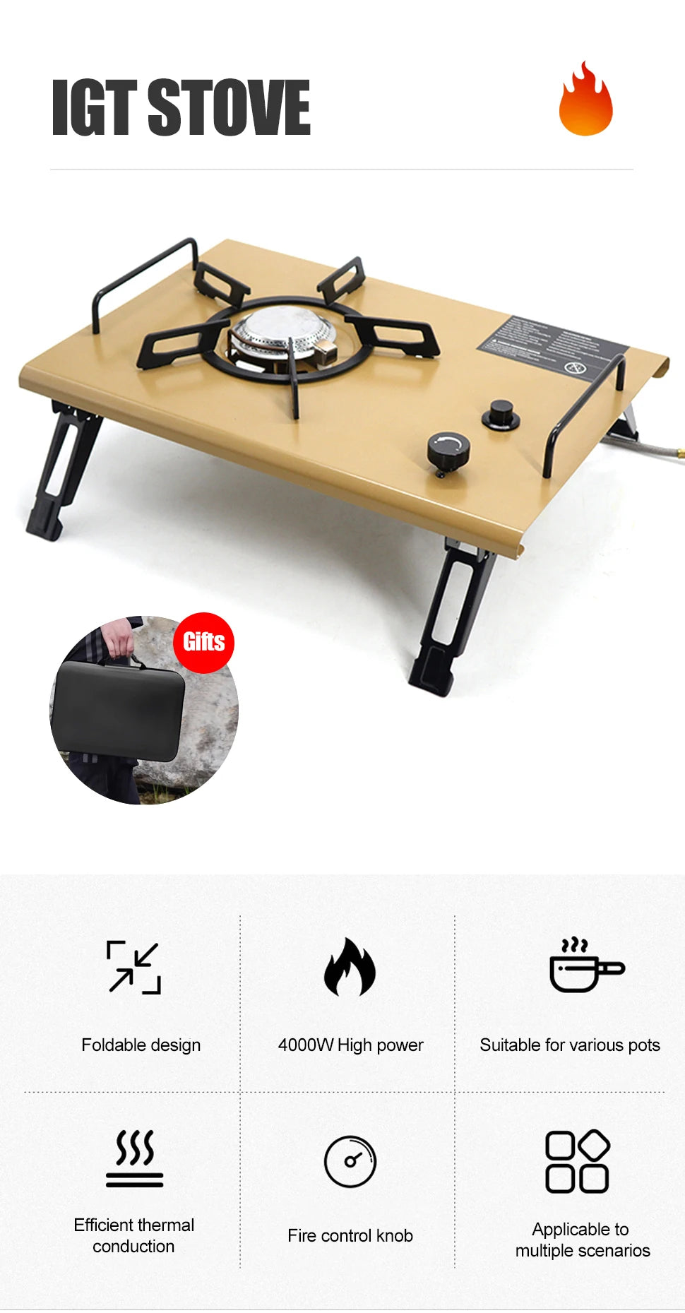 Gas Stove Burner Strong Fire Heater Furnace Portable Outdoor 4000W High Power Stainless Steel Camping Table Stove