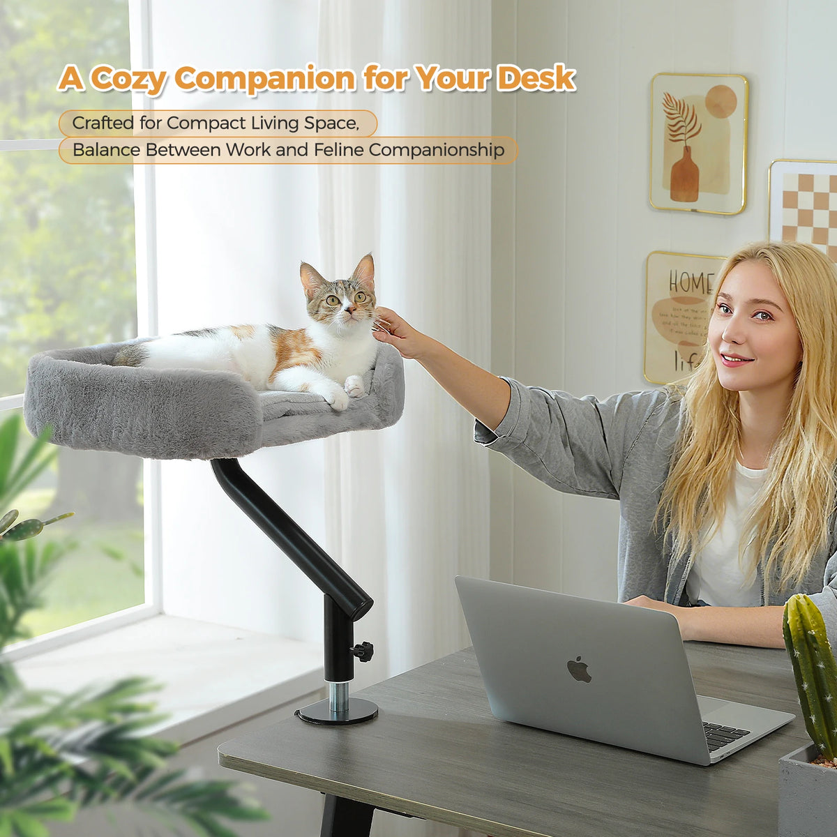 Soft I YAN cat desk bed with a 360° rotatable stand, adjustable hammock, and cozy resting area for indoor cats on a table.
