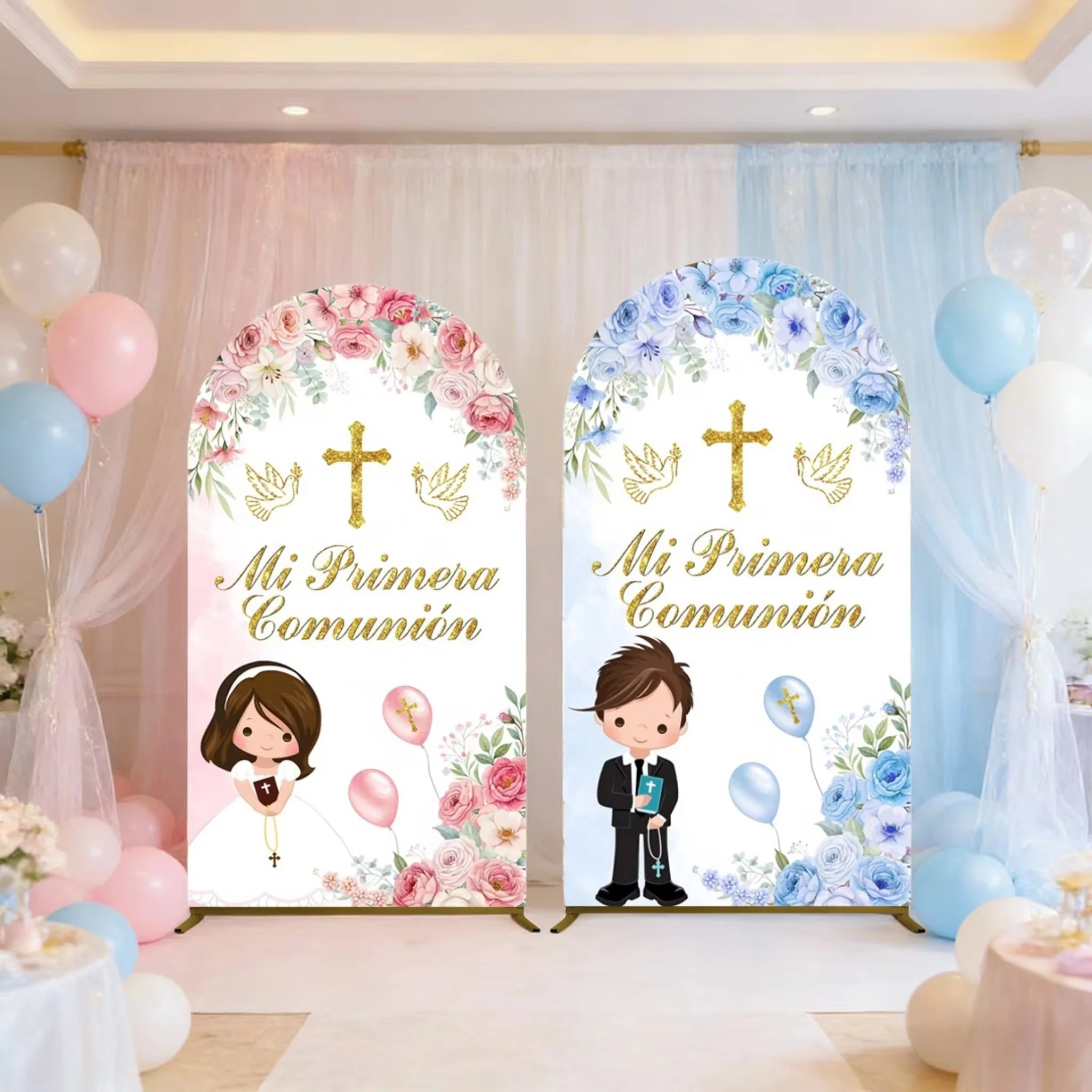 Mi Primera Comunión Arch Backdrop Boys Girls Baptism Flower God Bless Holy Cross Dove Baby Shower Christening Party Background
