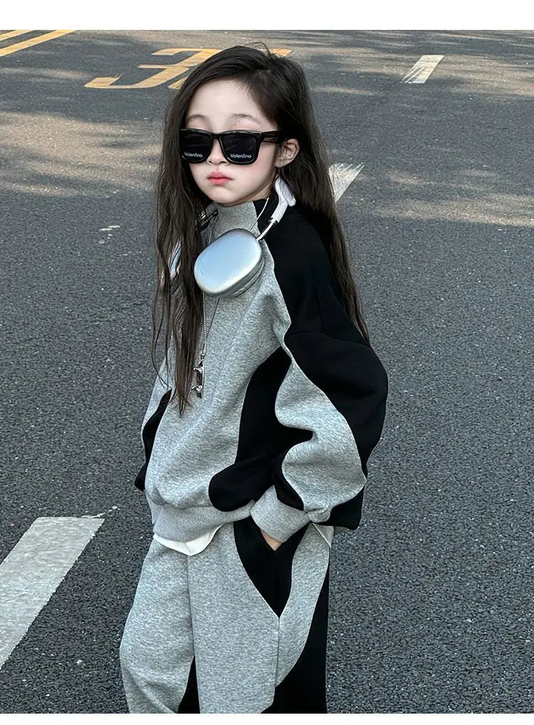 2026 autumn winter kid Girls Clothes set Suit Child patchwork loose sweatshirt t-shirt top + loose pant Tracksuit 4 8 10 12 year