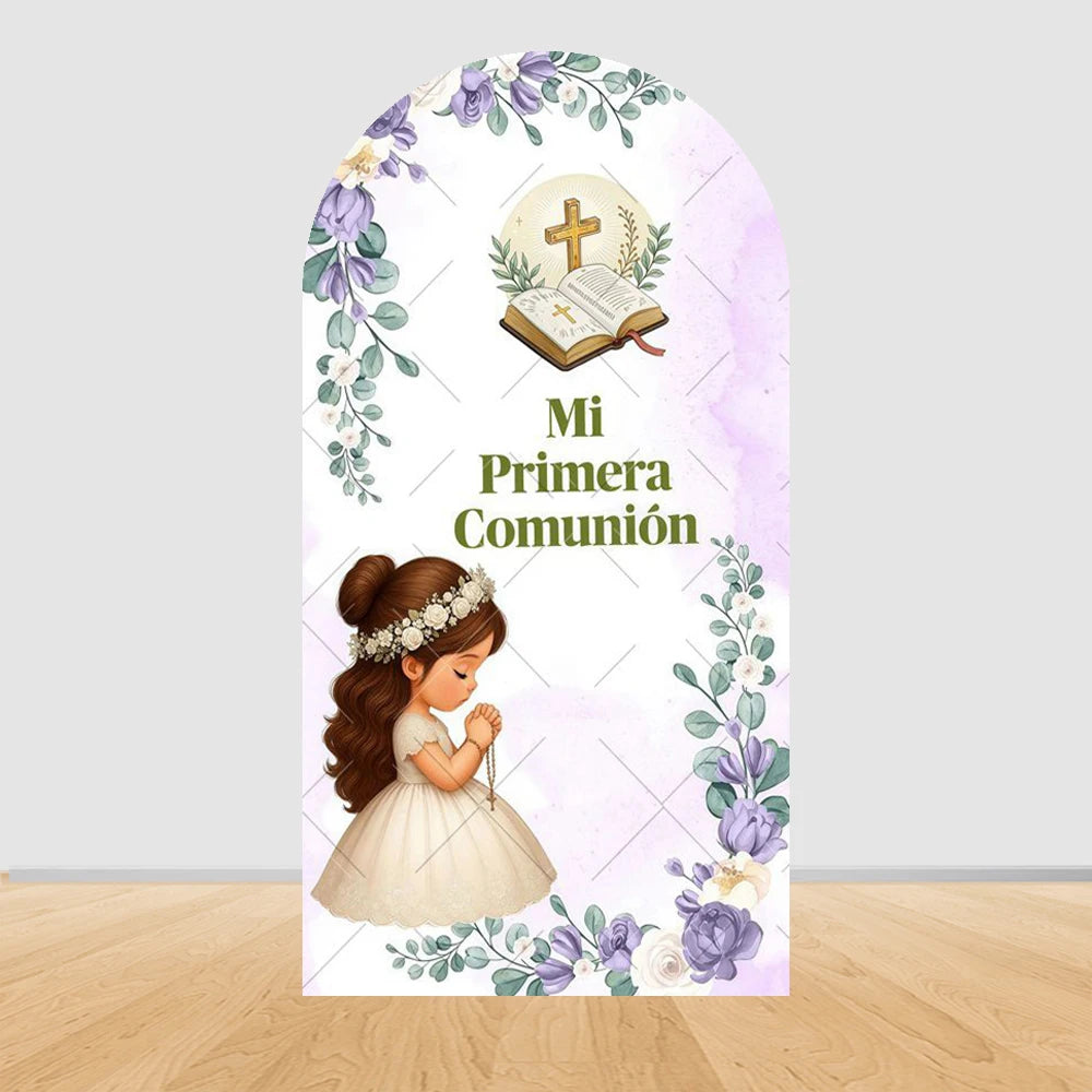 First Holy Communion Arch Backdrop Cover Boys Girls Christening God Bless Cross Green Leaves Decor Backgrounds for Photographs
