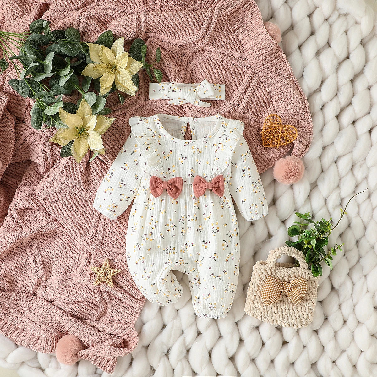 Baby Girl's All Seasons Long Sleeve Print Floral With Bow Daily Jumpsuit For Newborn-6M Clothes +Headband