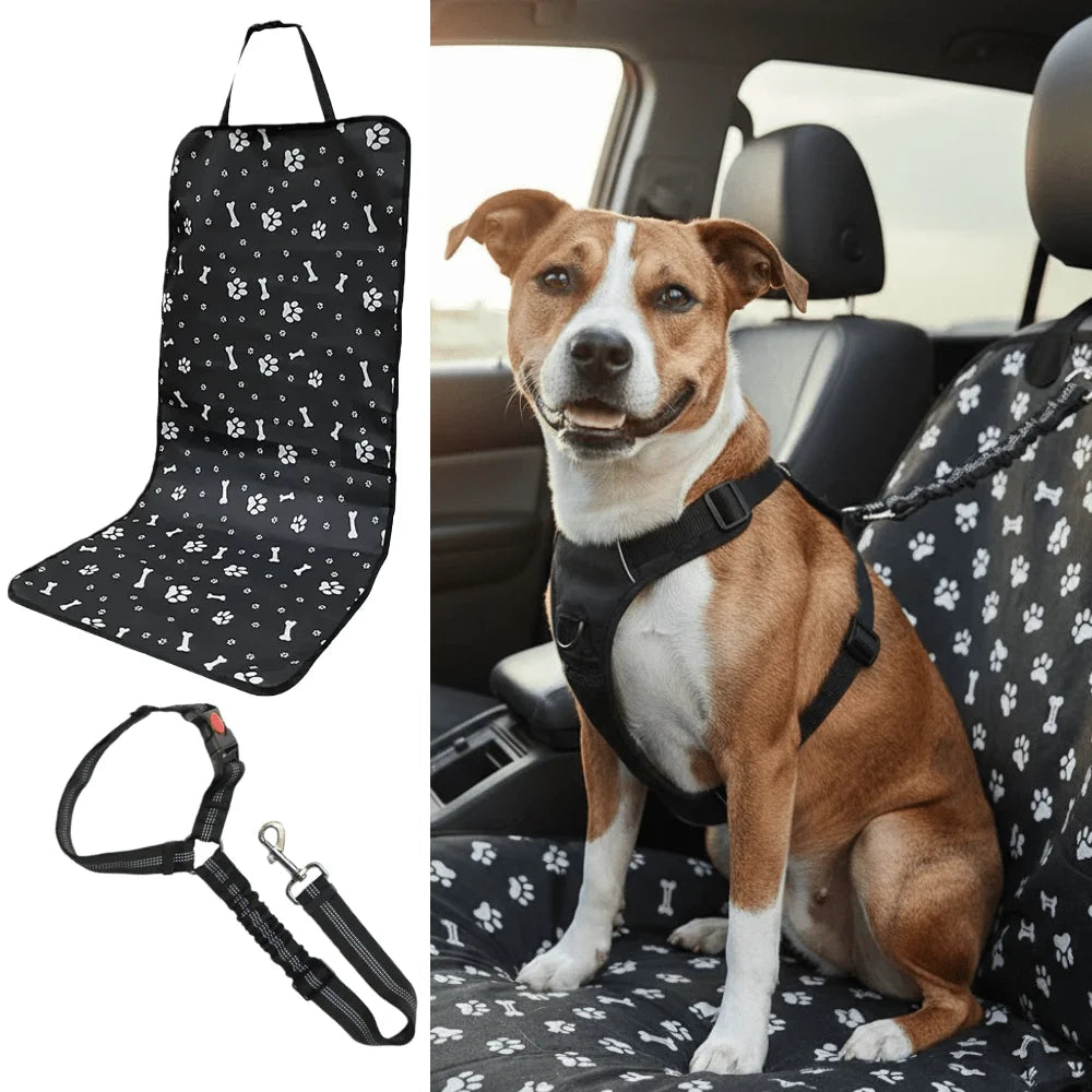 I YAN 2-pack pet car travel kit with waterproof dog seat cover and adjustable leash on anti-slip car interior surface.