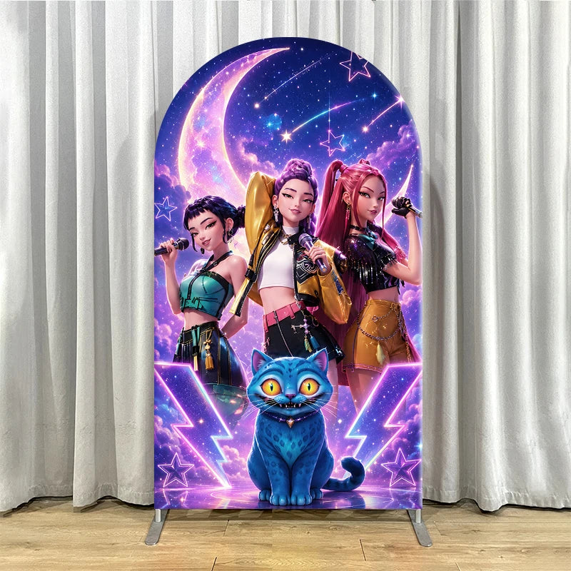 Kpop Demon Hunters Arch Backdrop CoverGirl Group Birthday Arched Banner, Spandex Elastic Photo Booth Background for Party Decor