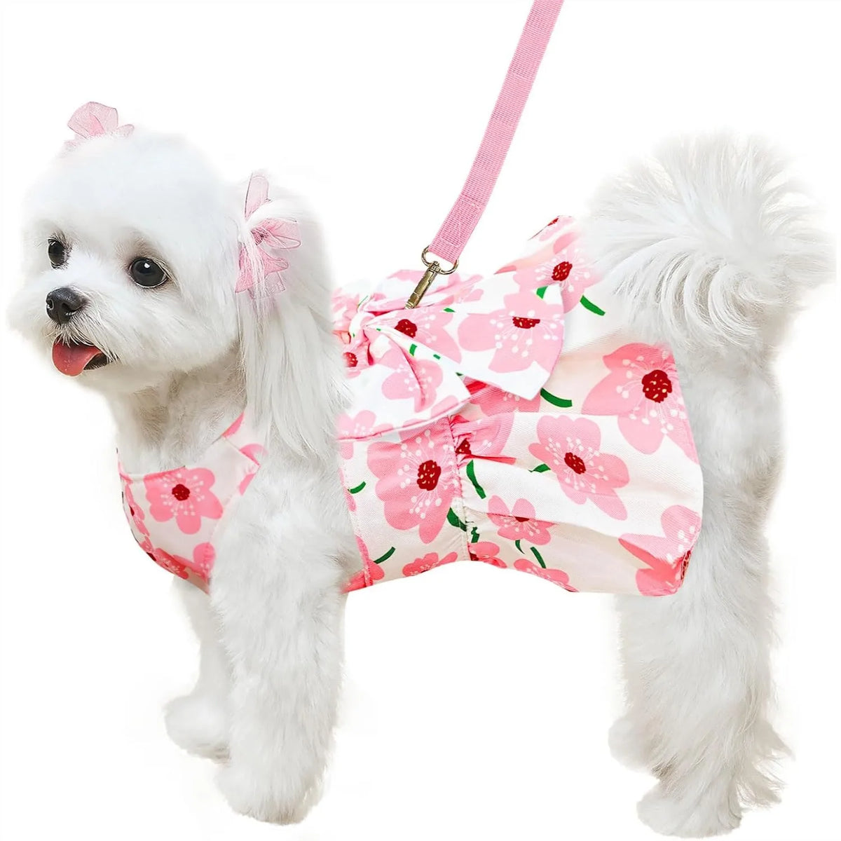 Cute small dog dress by I YAN with floral pattern, bow, and harness set, perfect for summer holidays and birthday parties.