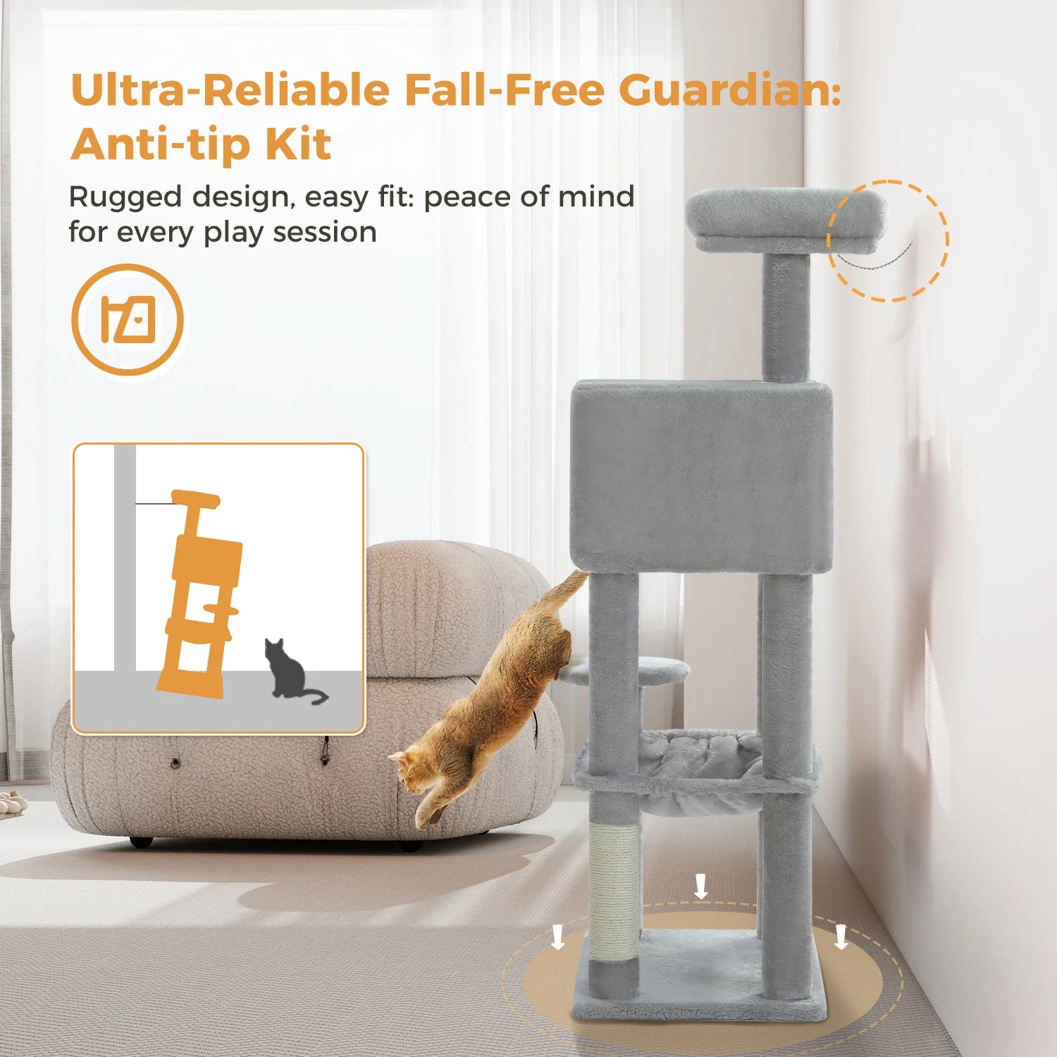 5-Level Cat Tree 113cm Cat Tower with Top Perch,Soft Condo,Natural Sisal Scratching Post,Attractive Pompom,Anti-tip kit,Hammock