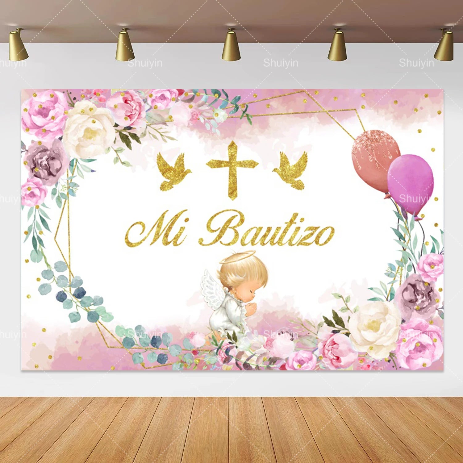 Boy Girl First Communion Backdrop Gold Cross Grail God Bless Baptism Party Decor Background Christening Baby Shower Photo Props