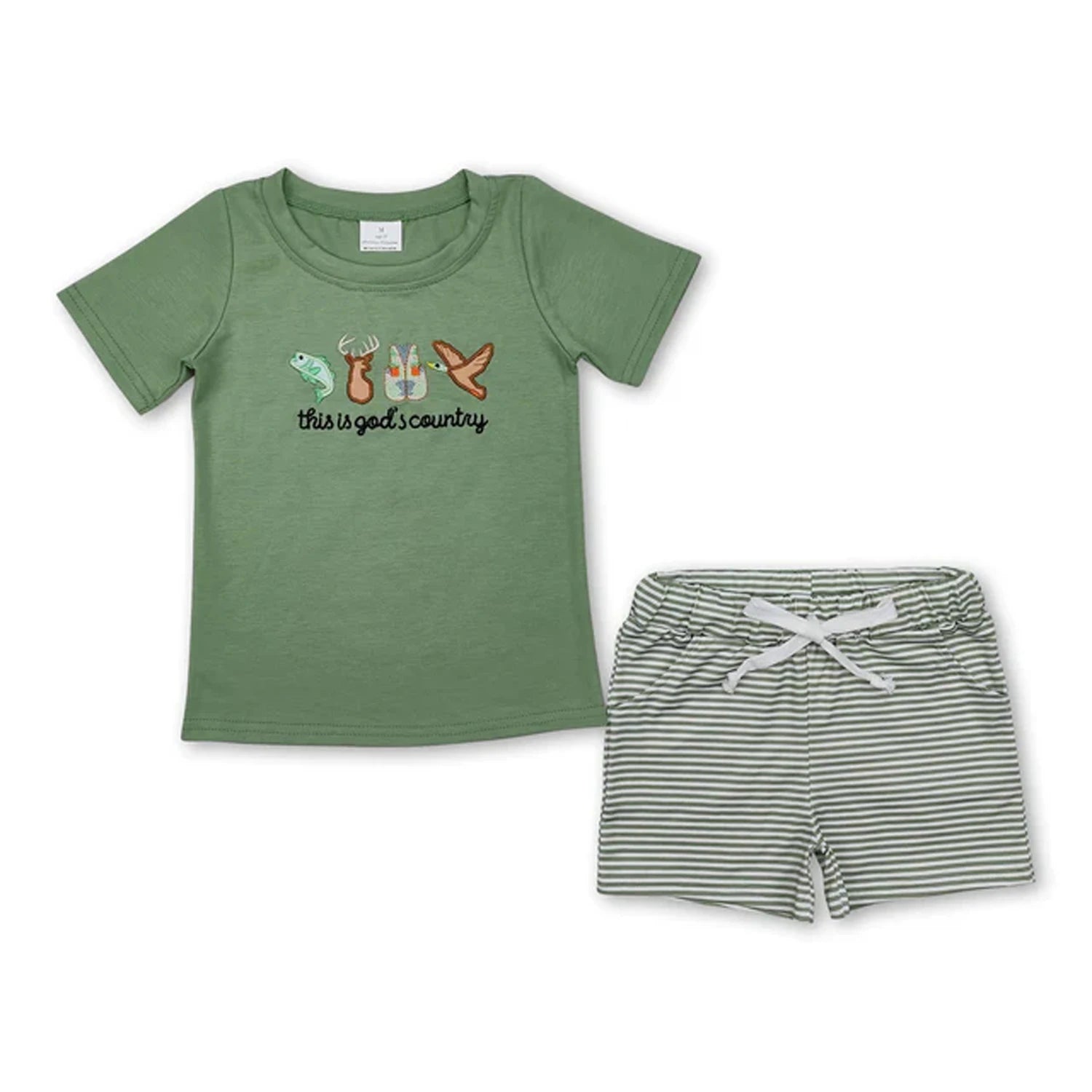 Toddler boy summer outfit set with printed short sleeve T-shirt and elastic waist shorts from I YAN, perfect for warm weather.
