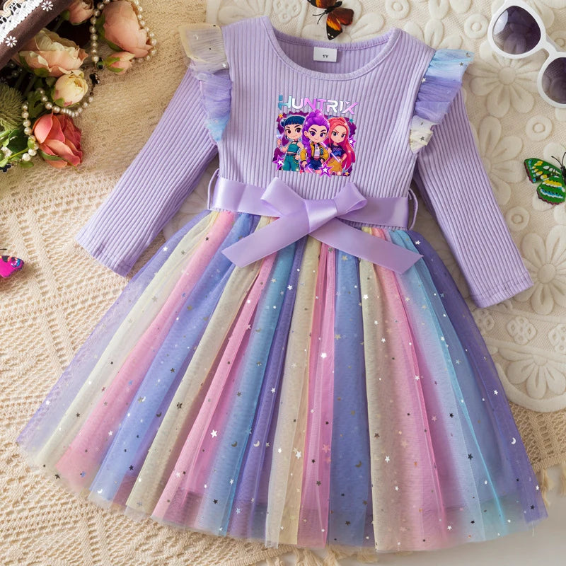K-Pop Hunters Rainbow Princess Dress for Girls Sequin Birthday Party Mesh Dress for Baby Casual Long Sleeve Girls Dresses 1-5Y