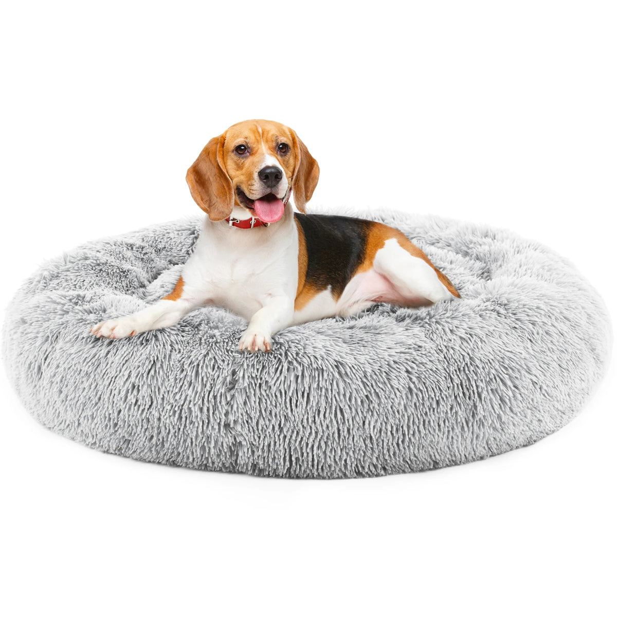 I YAN calming dog bed for medium to large dogs, round plush faux fur pet bed with anti-slip bottom, washable and fluffy.