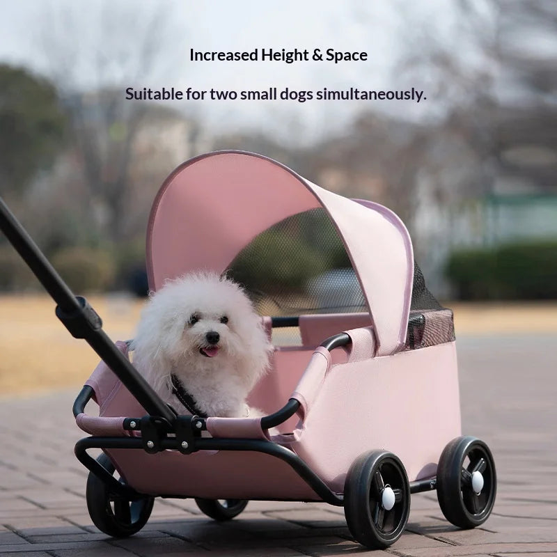 I YAN 4-wheel pet stroller with UV sun canopy, mesh window, adjustable handle for small dogs and cats, outdoor travel carrier