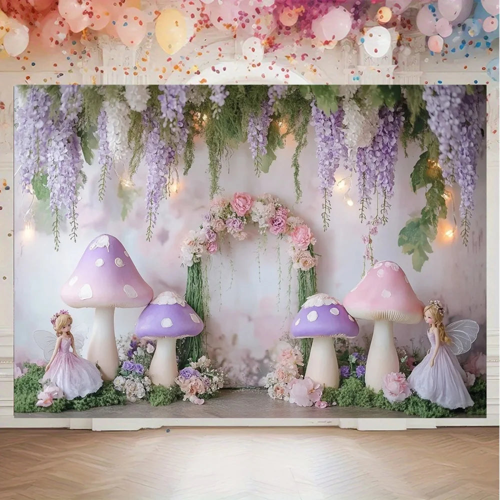 1 fantasy fairy photography background with purple mushrooms, charming forest atmosphere, and whimsical party decorationsL