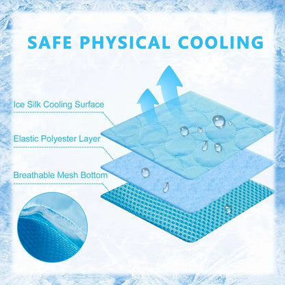 Portable I YAN Pet Summer Cooling Gel Mat for dogs and cats, showcasing the scratch-resistant, soft, cooling surface in a home setting.