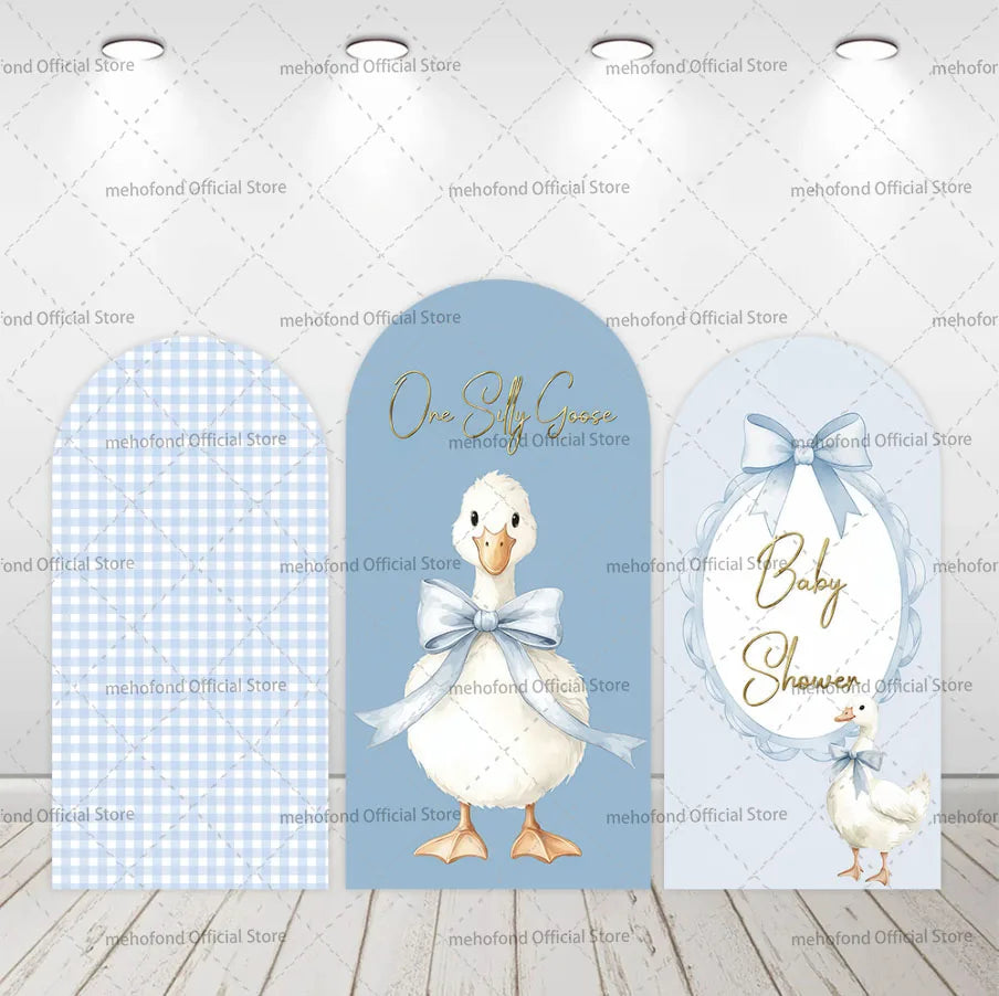 Mehofond Custom 2-Sided One Silly Goose Blue Plaid Kids Birthday Party Baby Shower Cover Chiara Arch Background Decor Backdrop