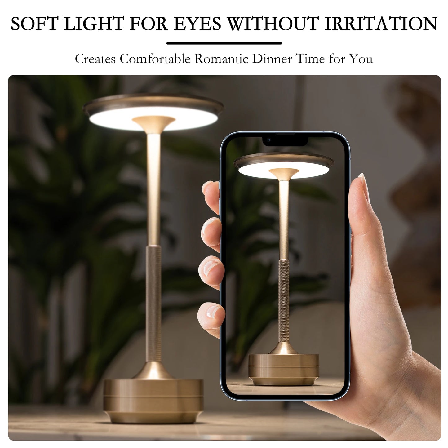 Rechargeable wireless LED touch sensor table lamp by I YAN, ideal for bedroom, hotel, or restaurant ambient lighting.