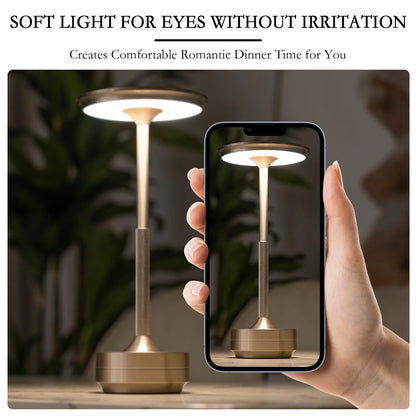 Rechargeable wireless LED touch sensor table lamp by I YAN, ideal for bedroom, hotel, or restaurant ambient lighting.