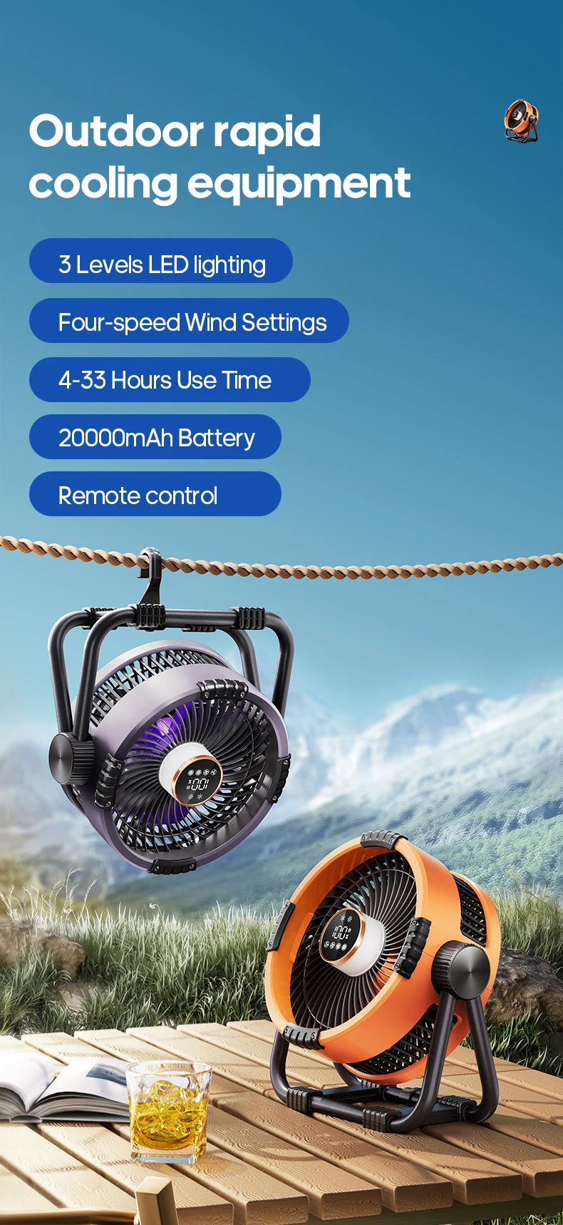 6 in 1 Desktop Fan 20000mAh Outdoor Camping Fan Air Circulator 4 Speed Adjustment Wireless Tent Ceiling Fan