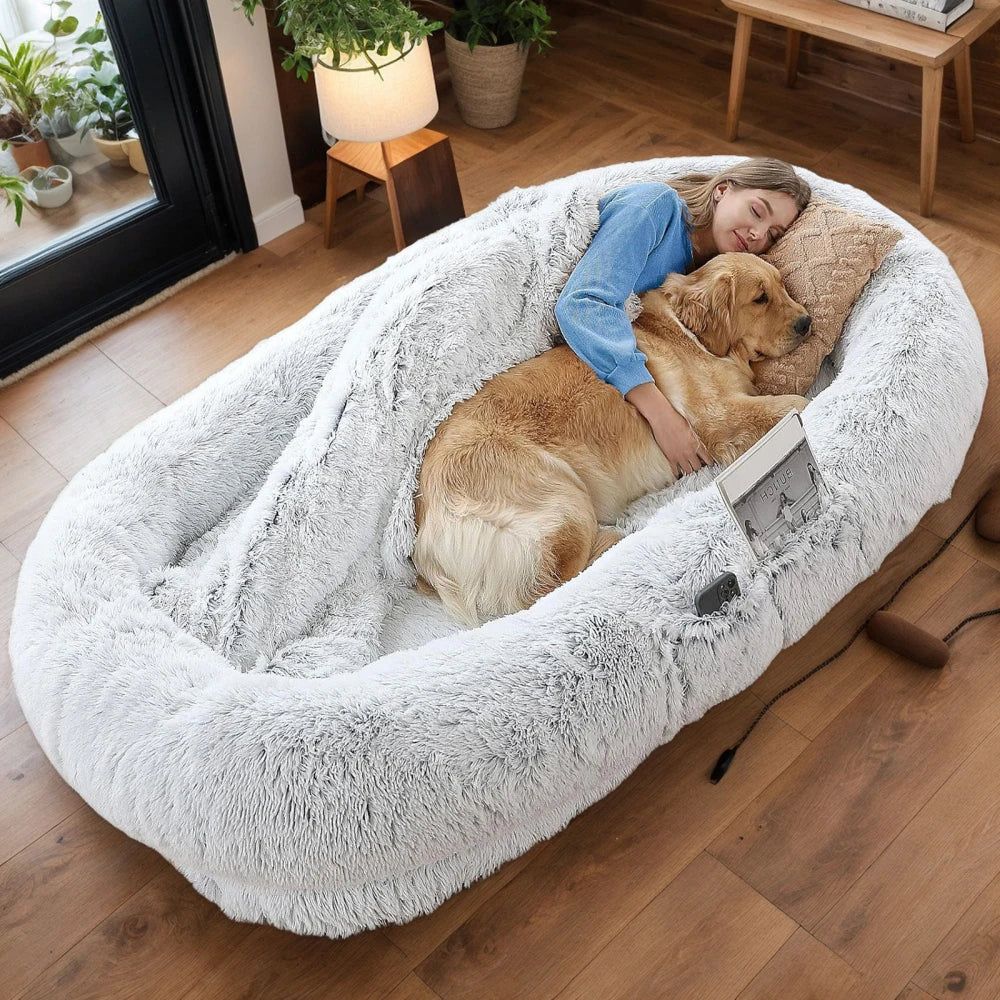 Grey I YAN Ye Human Dog Bed with washable faux fur, orthopedic design, suitable for pets and humans, 71x45x14 inches.