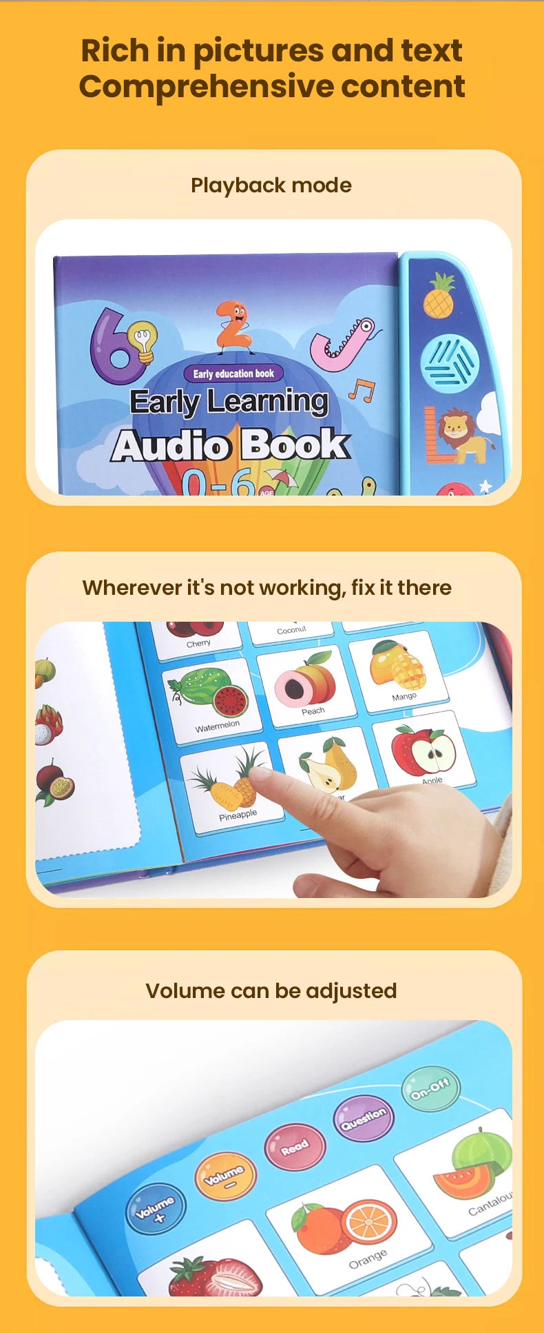 Kids electronic audio book player by I YAN showing colorful buttons and a screen, designed for early education and learning English.