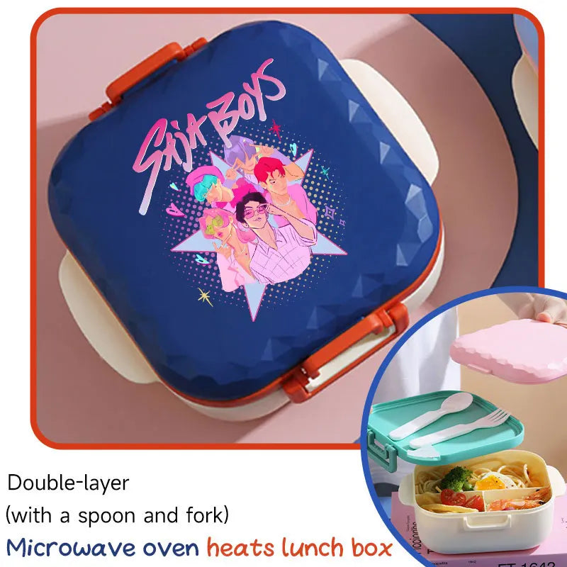 I YAN 800ml BPA-free lunch box with spoon and fork, microwave-safe, portable for students and office workers, featuring KPop design