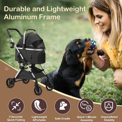 Lightweight I YAN portable pet stroller for medium dogs with smooth ride, 3-in-1 car seat, detachable carrier, quick-fold, rubber wheels