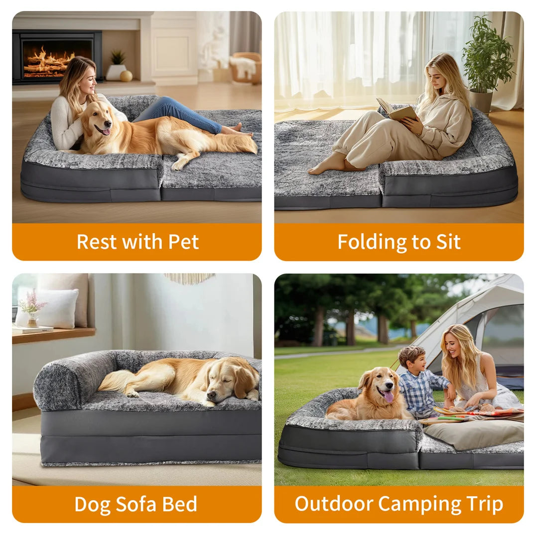 Large 180cm I YAN foldable human-size giant dog bed with plush cover and orthopedic design for calming, comfortable pet rest.