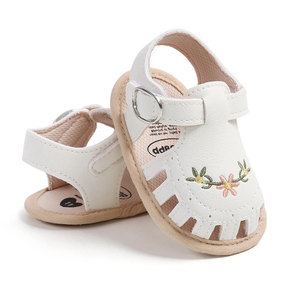 Newborn Baby Girl Sandals Summer Embroidered Leisure Comfortable Lightweight Floral Soft Sole Wrap Toe Sandals For 0-18M
