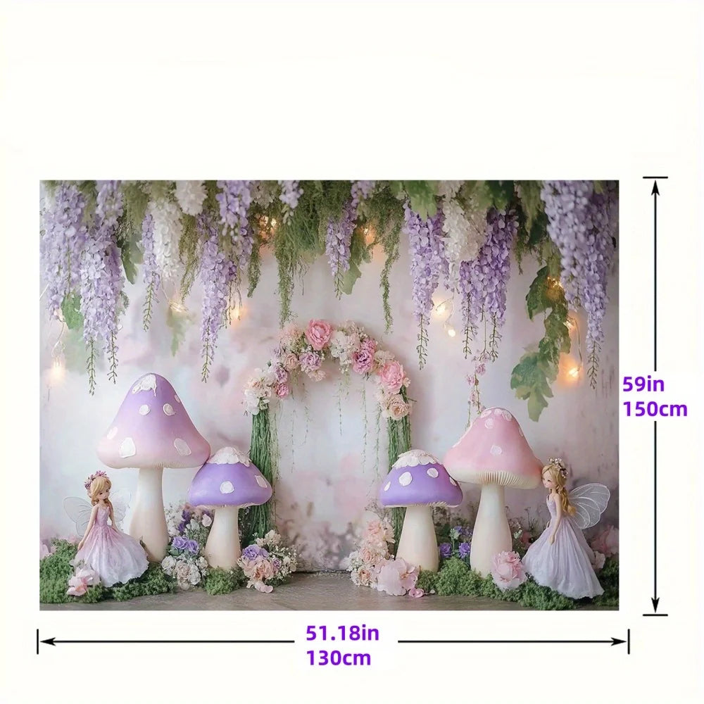 1 fantasy fairy photography background with purple mushrooms, charming forest atmosphere, and whimsical party decorationsL
