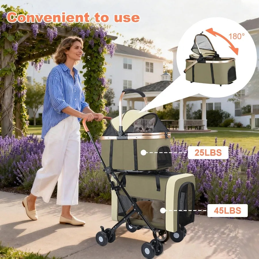 3-in-1Double Pet Stroller, Foldable Portable Pet Travel Strolling Cart for Medium Small Dogs Cats, up to 50lbs Dark Green