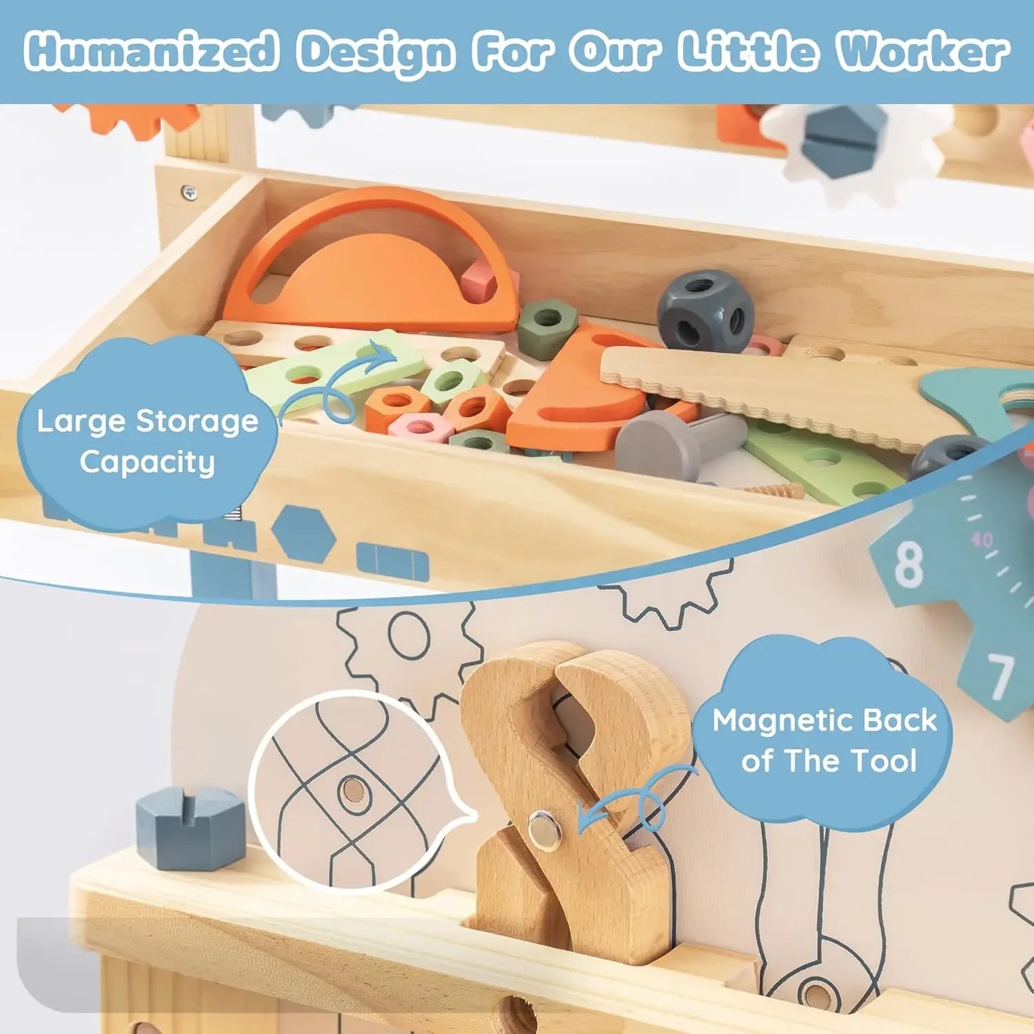 Robotime Robud Kids Tool Bench Set by I YAN featuring a large wooden workbench, construction toys, and child-friendly tools for boys and girls.