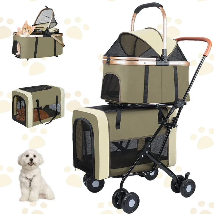 Foldable 3-in-1 I YAN pet stroller for medium small dogs and cats, dark green, portable travel cart up to 50lbs, with side windows.