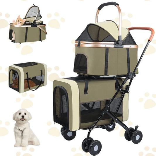 Foldable 3-in-1 I YAN pet stroller for medium small dogs and cats, dark green, portable travel cart up to 50lbs, with side windows.
