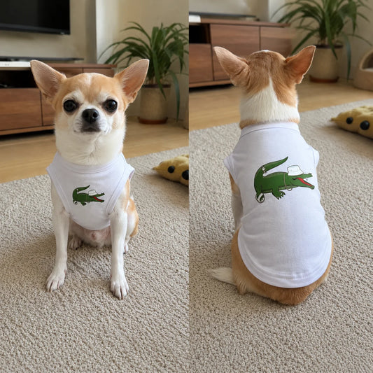 Small dog wearing I YAN crocodile cap pet fashion hoodie for spring and summer, perfect for Chihuahua, Yorkie, Frenchie puppies.