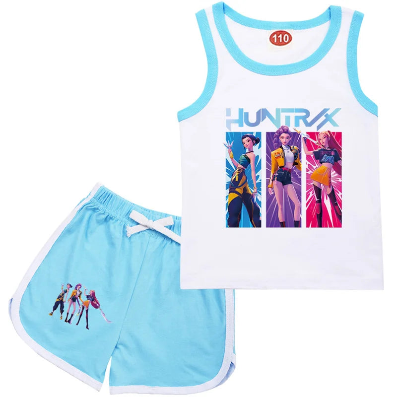 KPop Demon Hunters Rumi Teens Clothes Summer T shirt Baby Girls Sleeveless Vest Top Shorts 2pcs Set Children Clothing 1-13 Years