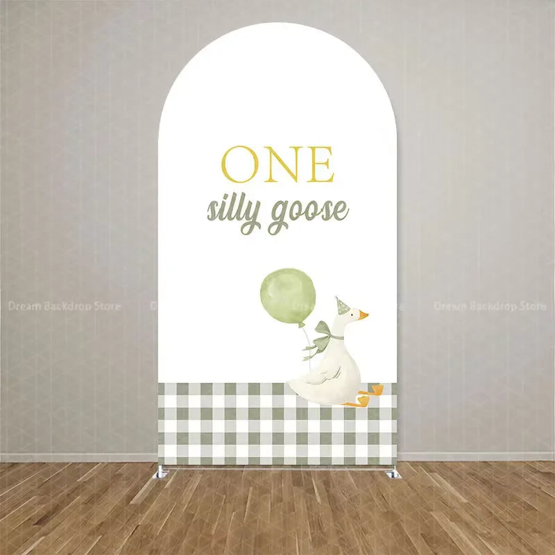 Custom 2-Sided Green Plaids One Silly Goose Pattern Arch Backdrop Cover Kids Birthday Party Baby Shower Decoration Background
