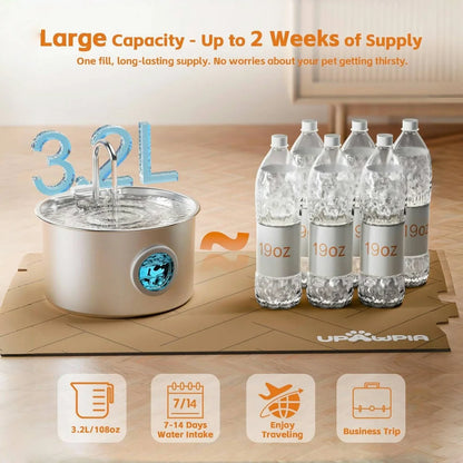 Stainless steel I YAN cat water fountain with 108oz capacity, automatic pet water dispenser with replaceable filters for dogs and cats.