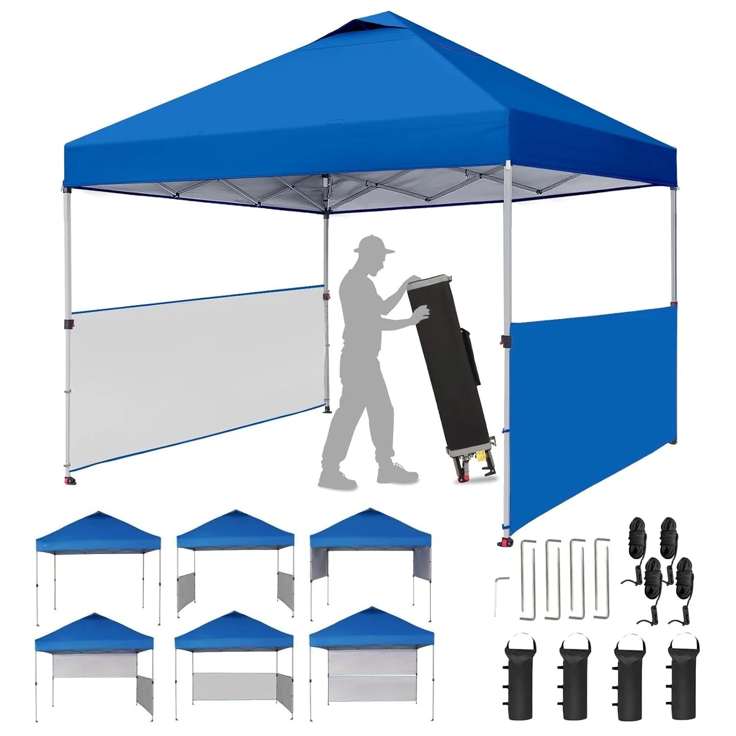 10x10 Pop up Canopy Tent Instant Canopy with 150D Silver Coated Fabric Including 2 Half Sidewalls, 4 Ropes, 8, Customized