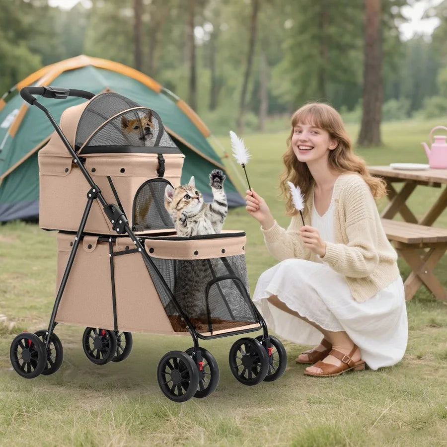 Double Layer Pet Stroller, Foldable Portable Medium Small Cat and Dog Carrier, Breathable Mesh Window, Stable Lightweight 4-Whe