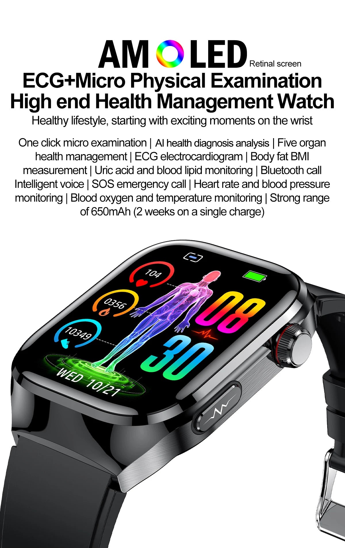 I YAN Micro Physical Examination Smart Watch for men showing a sleek black design with health monitoring features and Bluetooth connectivity.