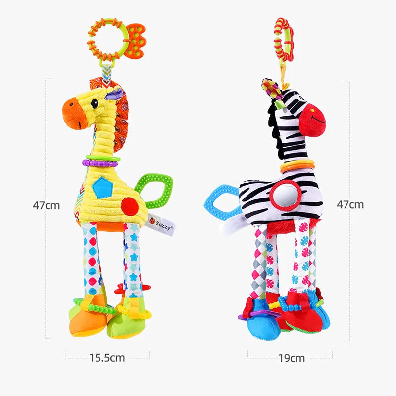 Soft plush giraffe and zebra handbells with rattles and teether, ideal infant baby development toys for newborns.