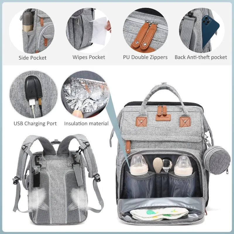 5In1 Diaper Bag Backpack Foldable Baby Bed Waterproof Bag with USB Charge Nappy Stroller Bag with Changing Bed 3Types for Travel